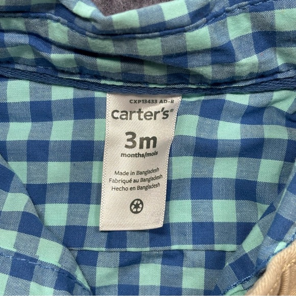 Carter's Blue Gingham Button-Up Bodysuit with Khaki Pants & Navy Suspenders - Picture 11 of 12